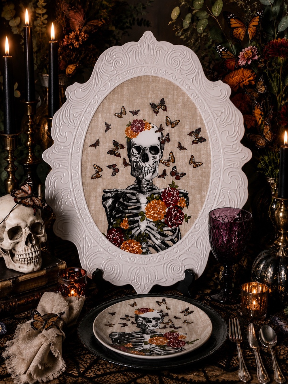NWT Christian Siriano Skeleton Floral Butterfly Halloween Platter 21” Gothic